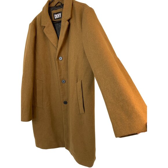 DKNY Mens Camel Overcoat Large RK10394 EUC Wool Blend Winter Lined Brown - Picture 15 of 15